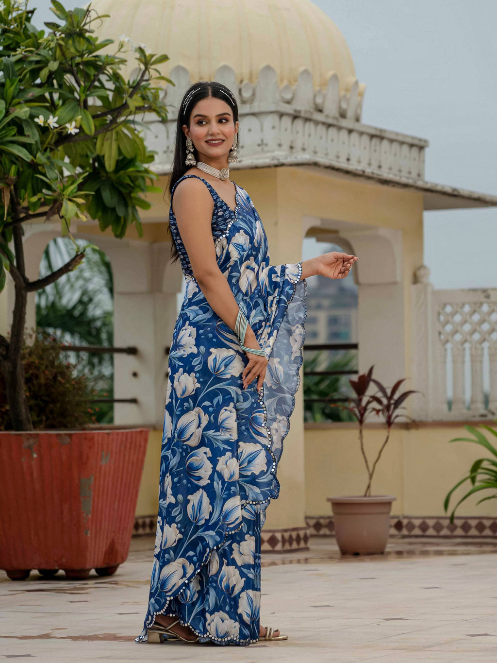 Jyoti Fashion Women's Royal Blue Chinon Digital Print with Mirror Saree with Blouse - Distacart