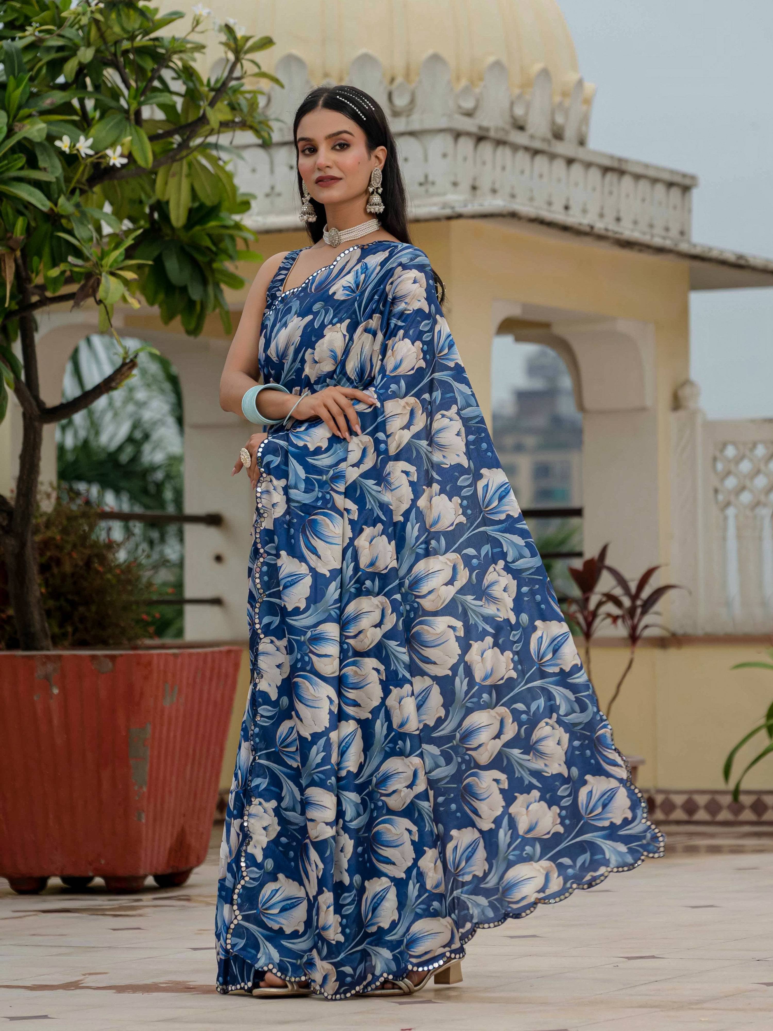 Jyoti Fashion Women's Royal Blue Chinon Digital Print with Mirror Saree with Blouse - Distacart