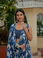 Jyoti Fashion Women's Royal Blue Chinon Digital Print with Mirror Saree with Blouse - Distacart
