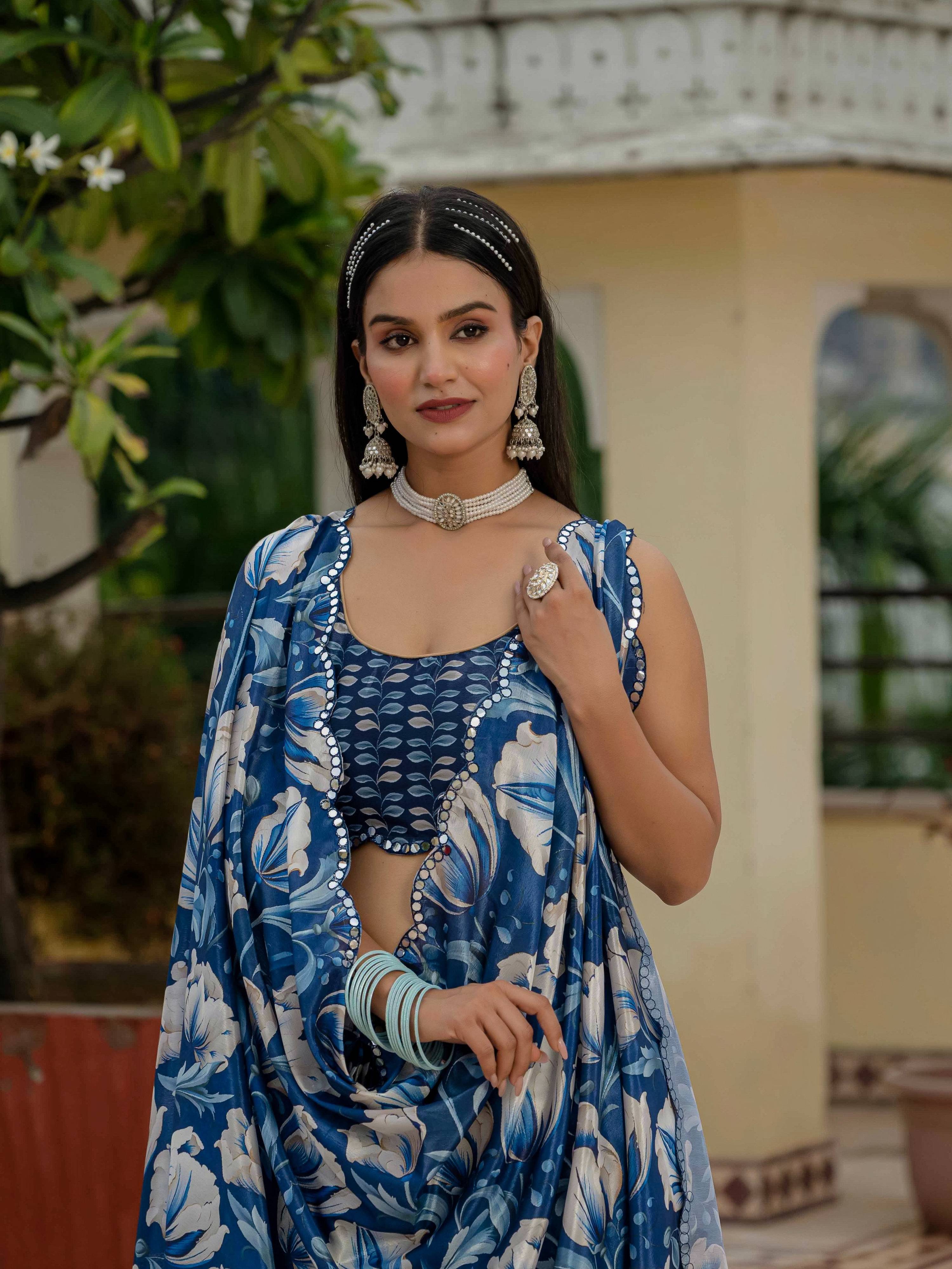 Jyoti Fashion Women's Royal Blue Chinon Digital Print with Mirror Saree with Blouse - Distacart