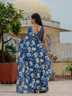 Jyoti Fashion Women's Royal Blue Chinon Digital Print with Mirror Saree with Blouse - Distacart