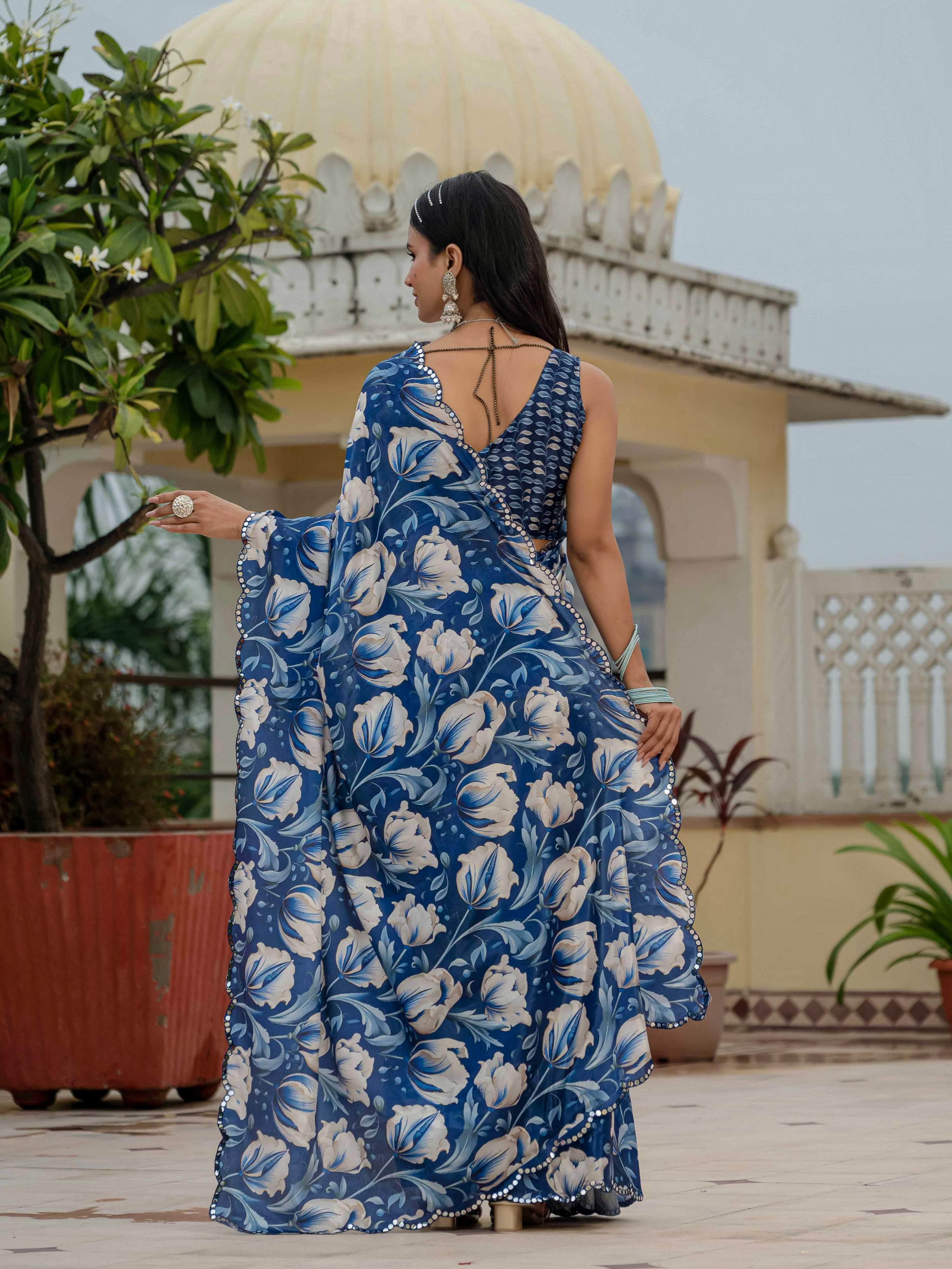 Jyoti Fashion Women's Royal Blue Chinon Digital Print with Mirror Saree with Blouse - Distacart