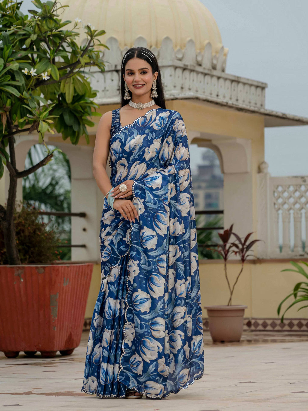 Jyoti Fashion Women's Royal Blue Chinon Digital Print with Mirror Saree with Blouse - Distacart