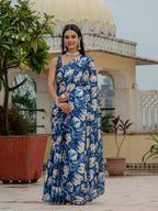 Jyoti Fashion Women's Royal Blue Chinon Digital Print with Mirror Saree with Blouse - Distacart