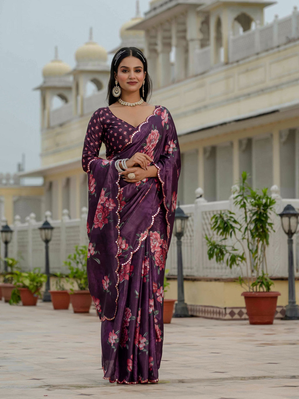 Jyoti Fashion Women's Wine Chinon Digital Print with Mirror Saree with Blouse - Distacart