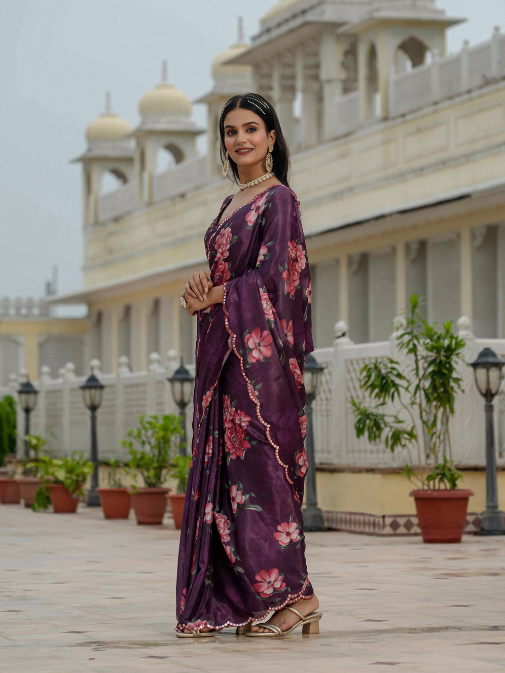 Jyoti Fashion Women's Wine Chinon Digital Print with Mirror Saree with Blouse - Distacart