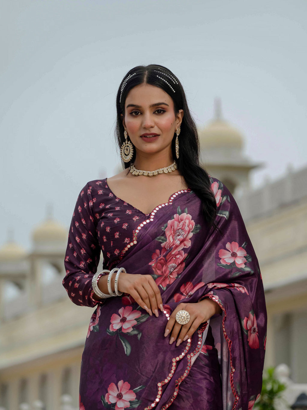 Jyoti Fashion Women's Wine Chinon Digital Print with Mirror Saree with Blouse - Distacart