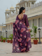 Jyoti Fashion Women's Wine Chinon Digital Print with Mirror Saree with Blouse - Distacart