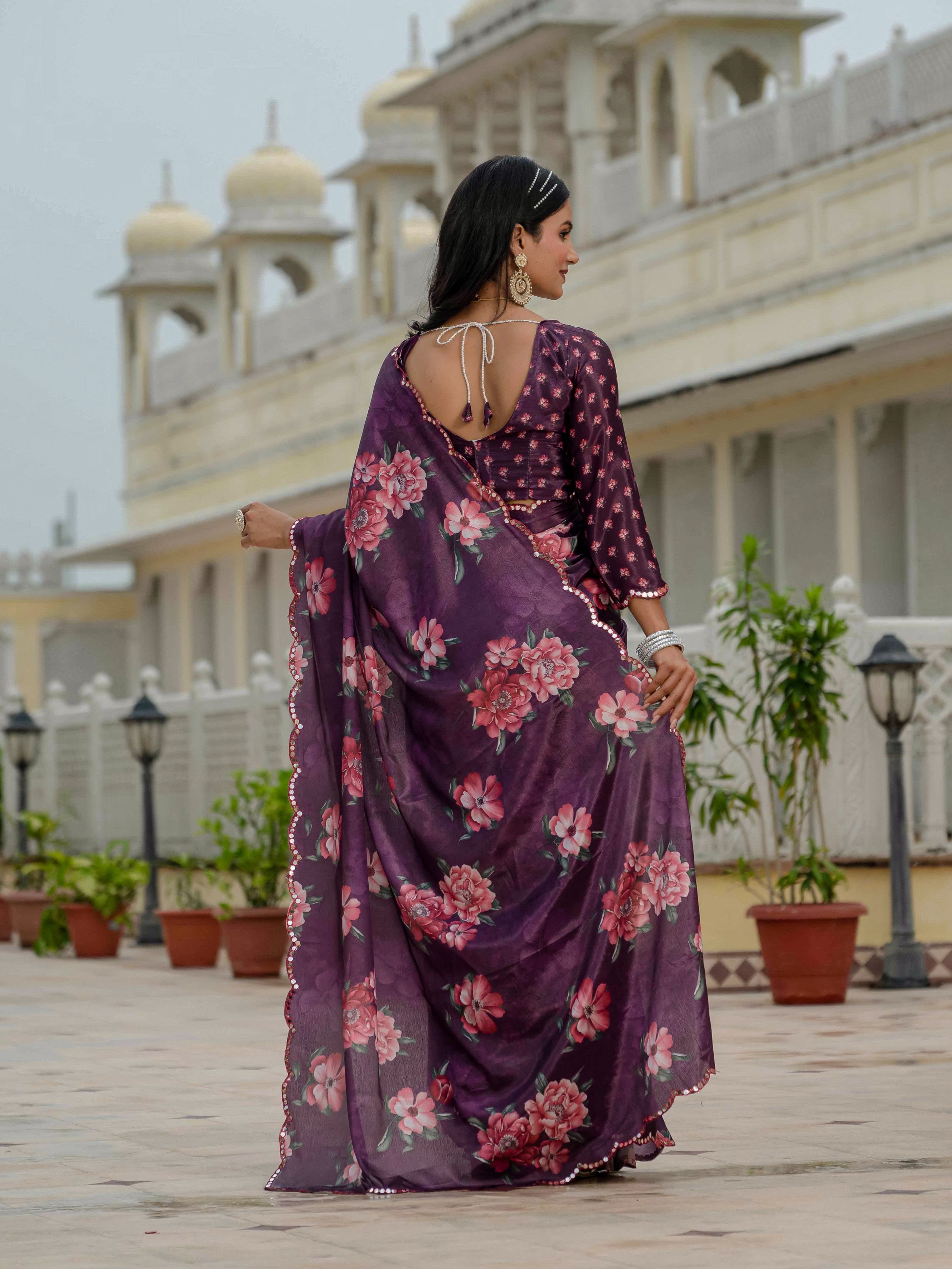 Jyoti Fashion Women's Wine Chinon Digital Print with Mirror Saree with Blouse - Distacart