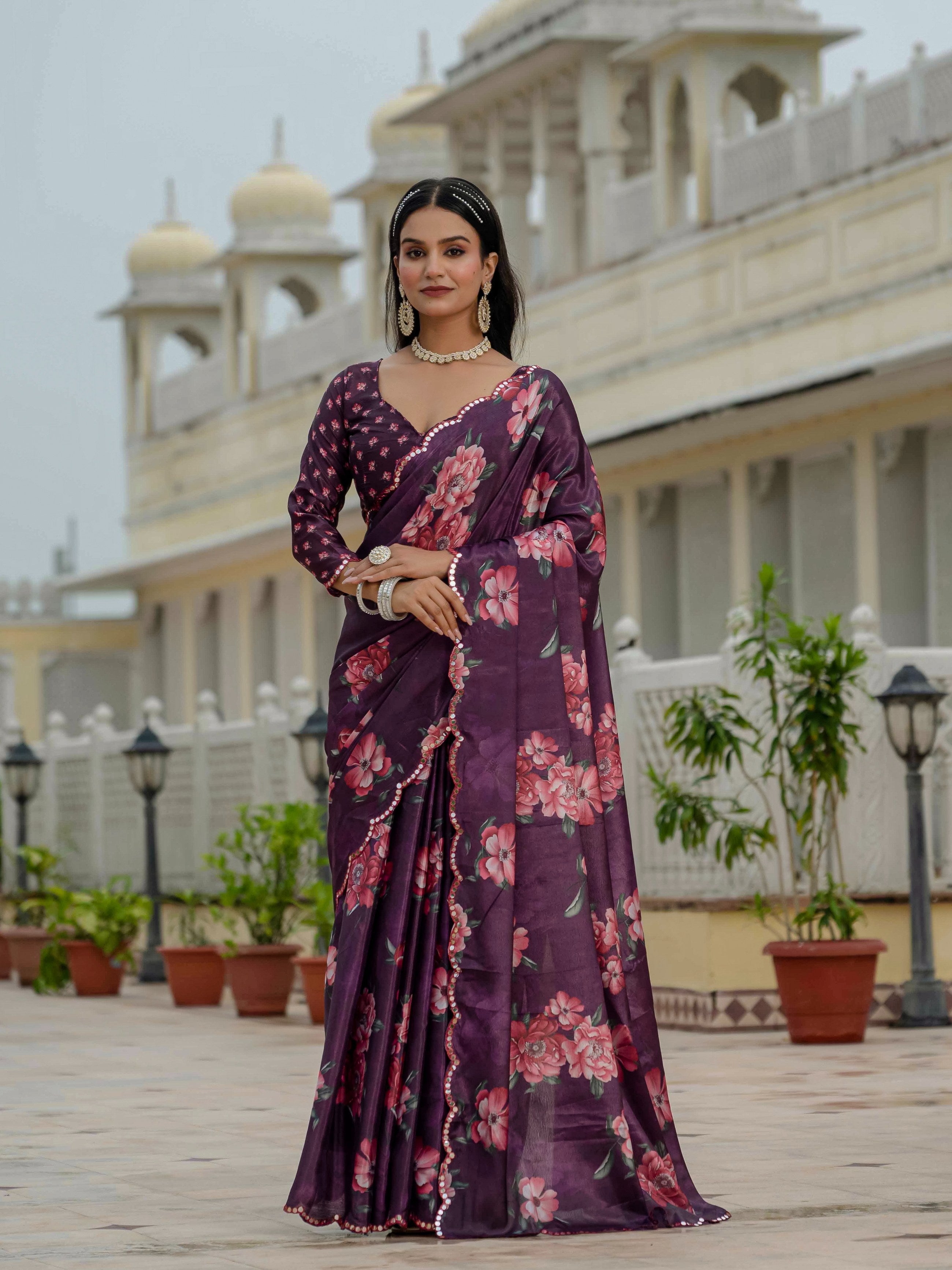 Jyoti Fashion Women's Wine Chinon Digital Print with Mirror Saree with Blouse - Distacart