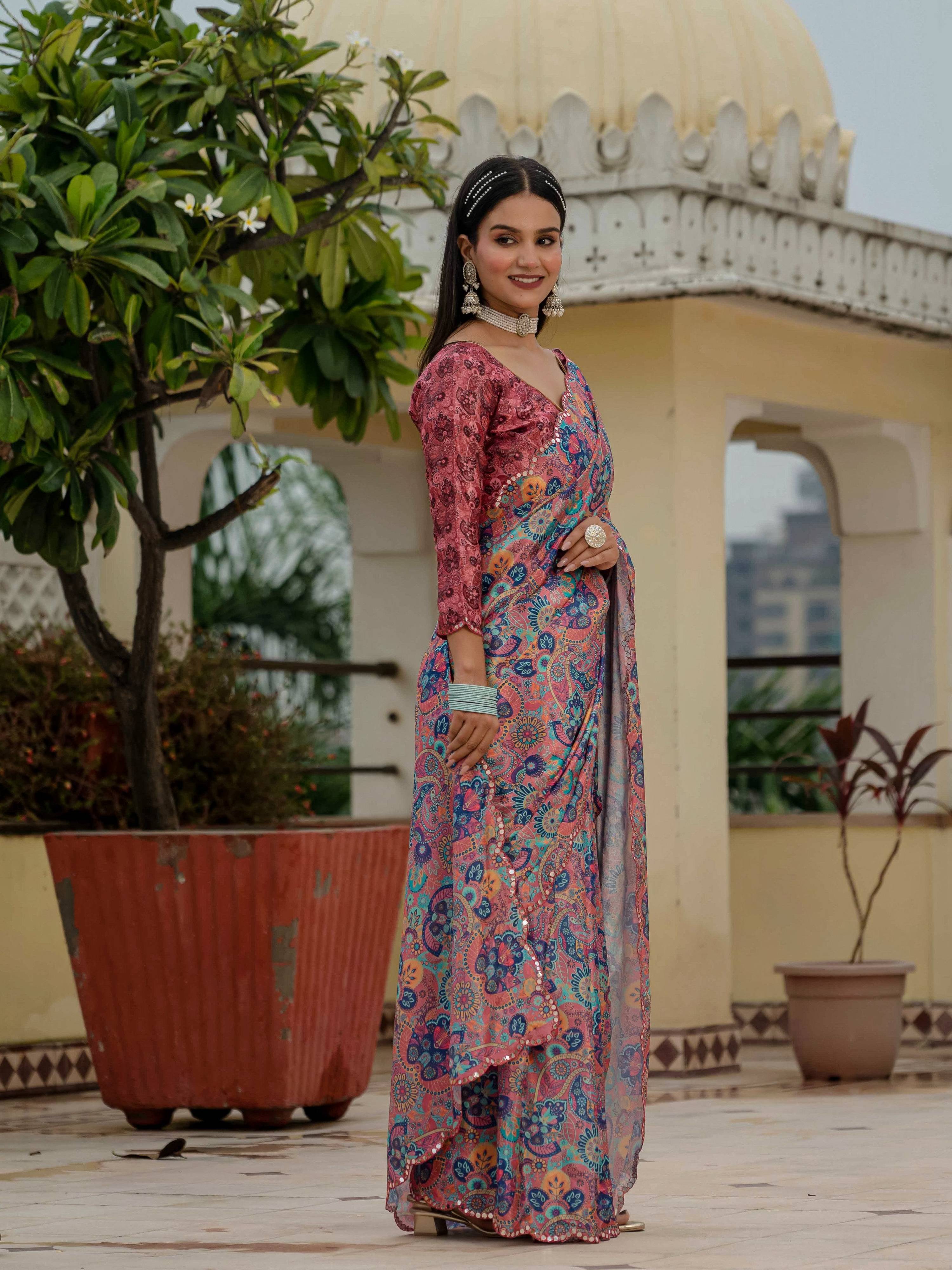 Jyoti Fashion Women's Multicolor Chinon Digital Print with Mirror Saree with Blouse - Distacart