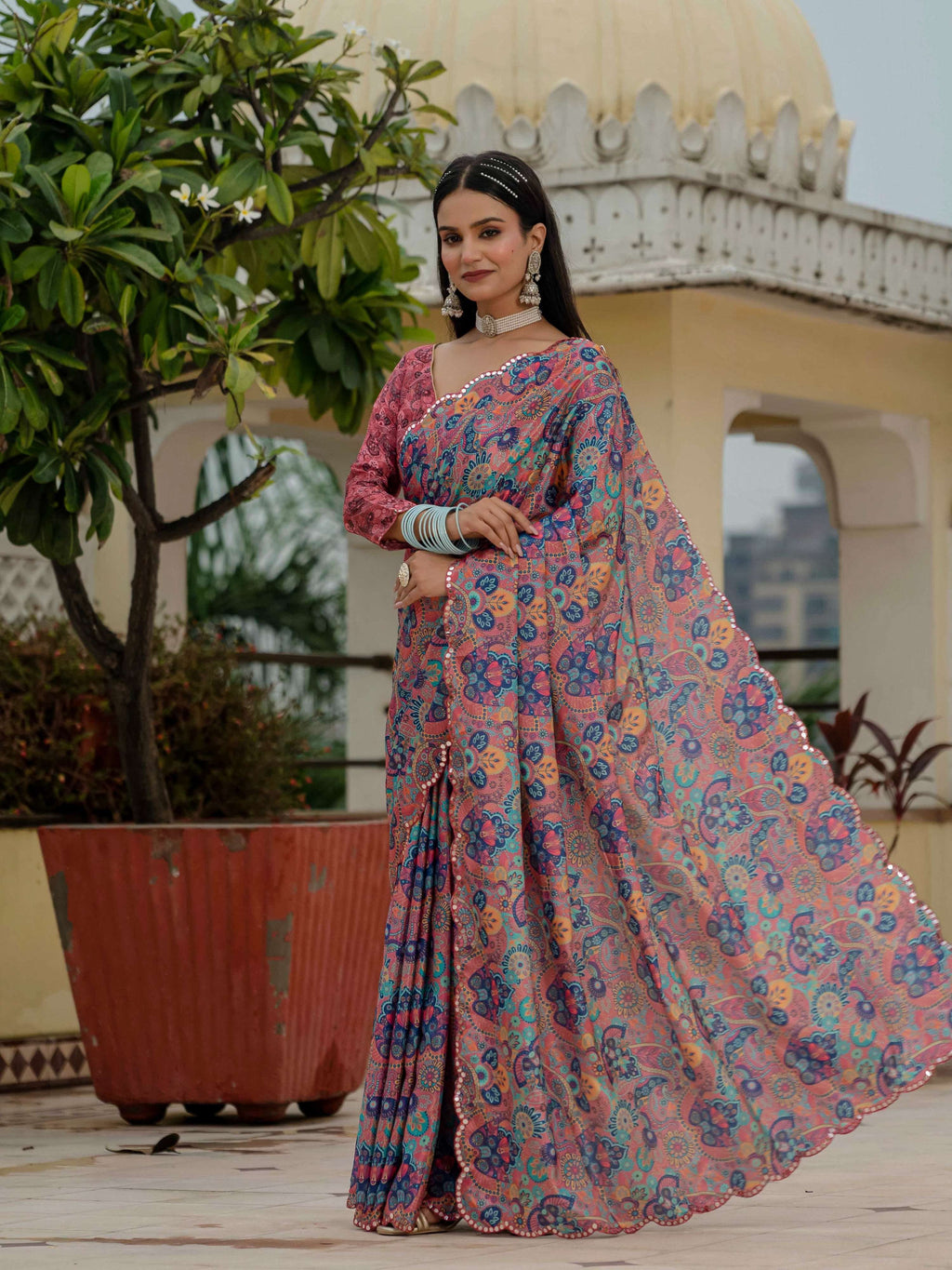 Jyoti Fashion Women's Multicolor Chinon Digital Print with Mirror Saree with Blouse - Distacart
