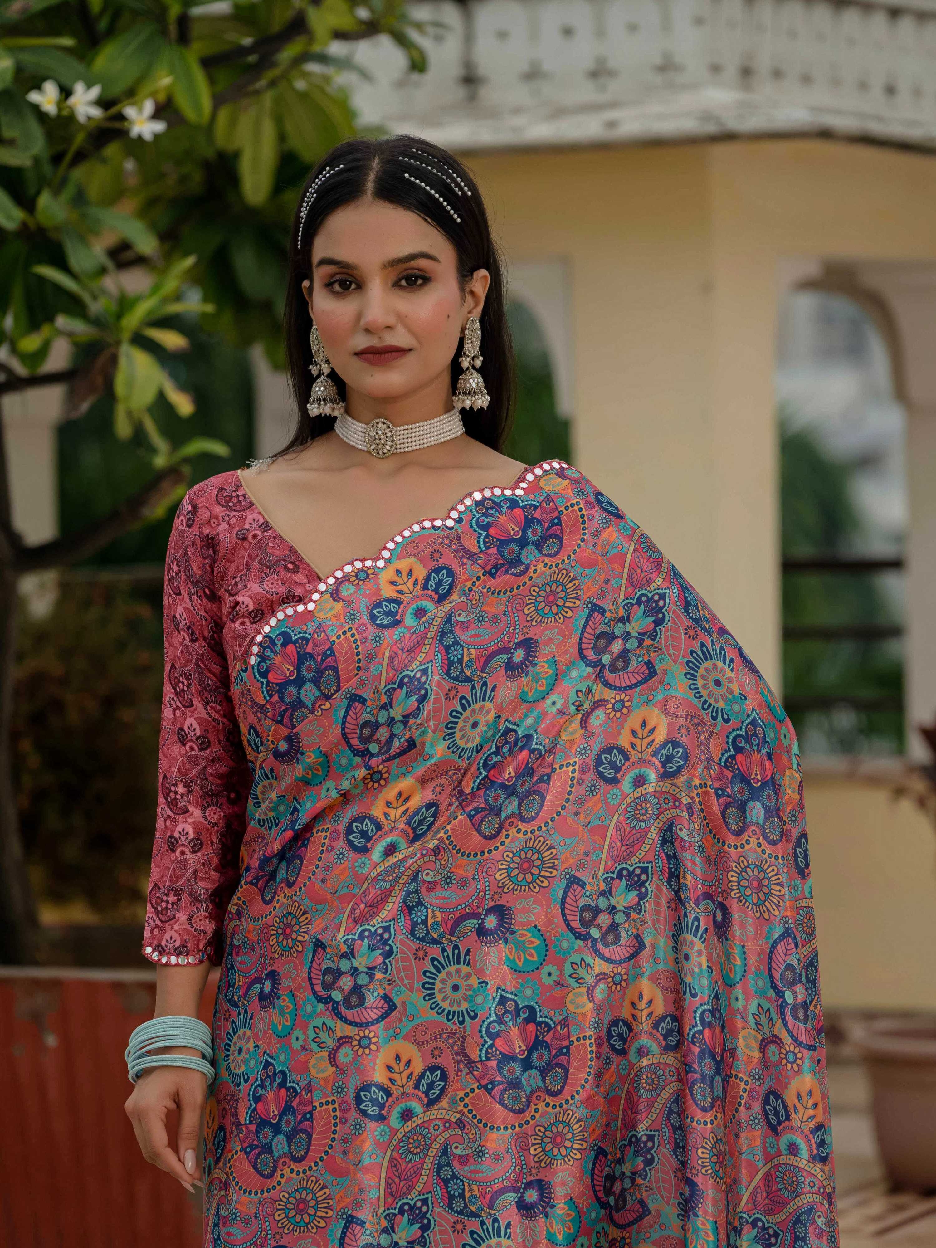 Jyoti Fashion Women's Multicolor Chinon Digital Print with Mirror Saree with Blouse - Distacart