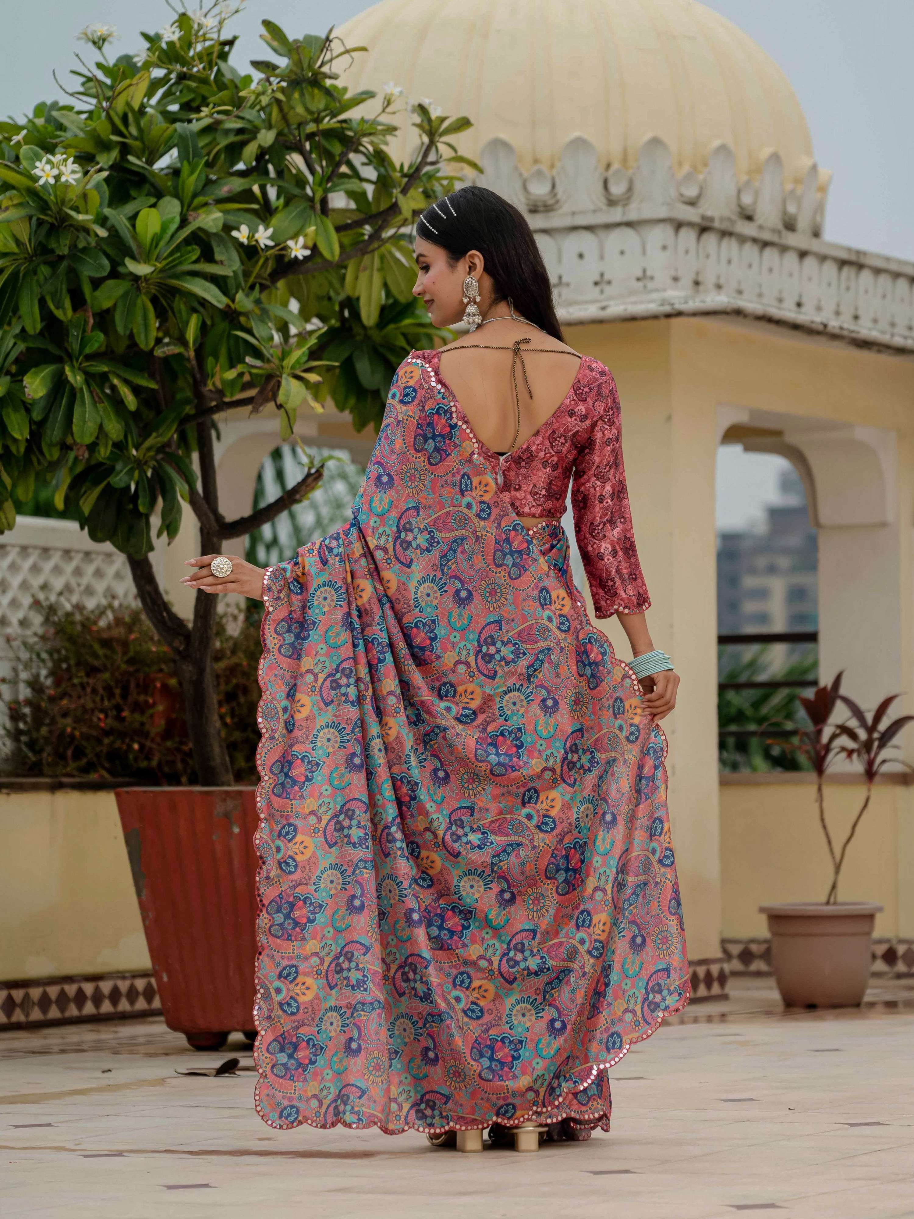 Jyoti Fashion Women's Multicolor Chinon Digital Print with Mirror Saree with Blouse - Distacart