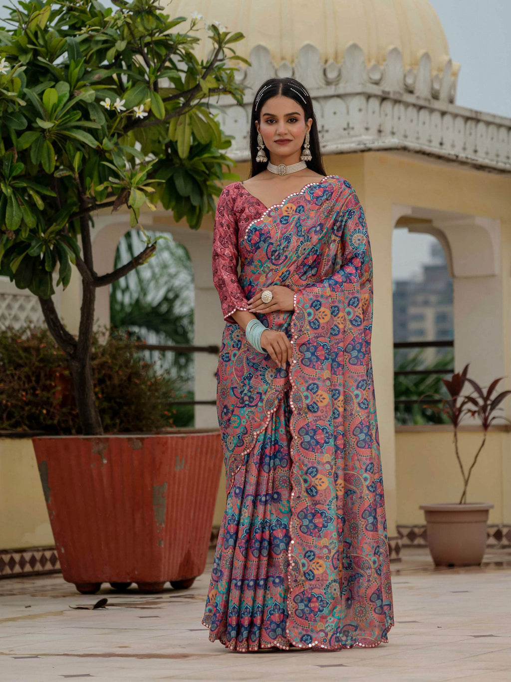 Jyoti Fashion Women's Multicolor Chinon Digital Print with Mirror Saree with Blouse - Distacart