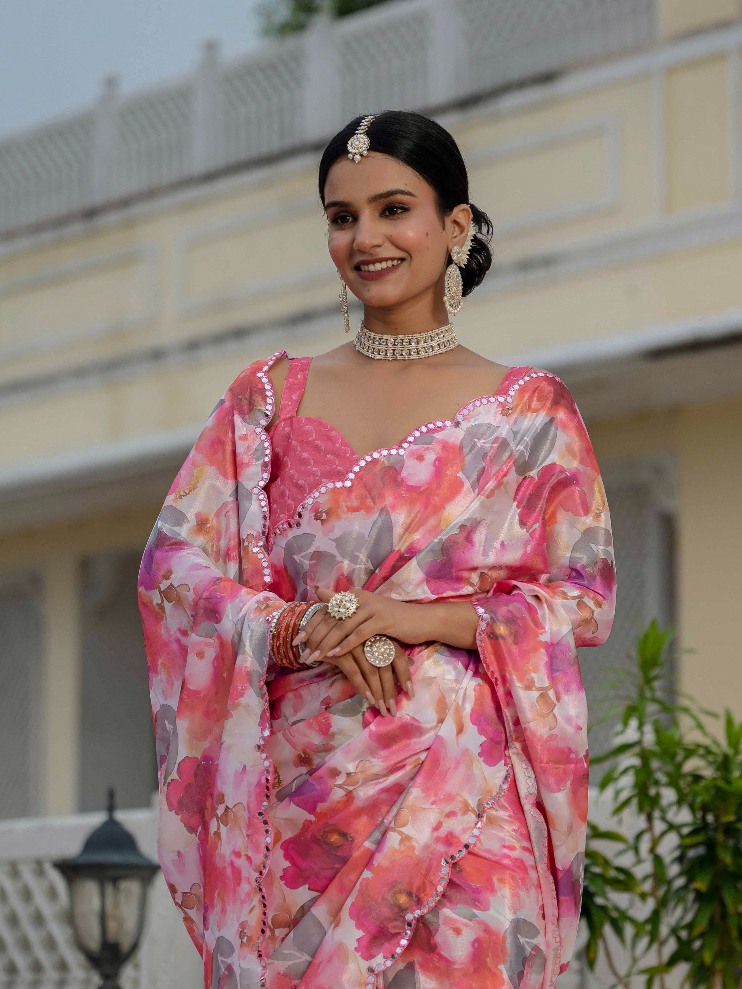 Jyoti Fashion Women's Pink Chinon Digital Print with Mirror Saree with Blouse - Distacart