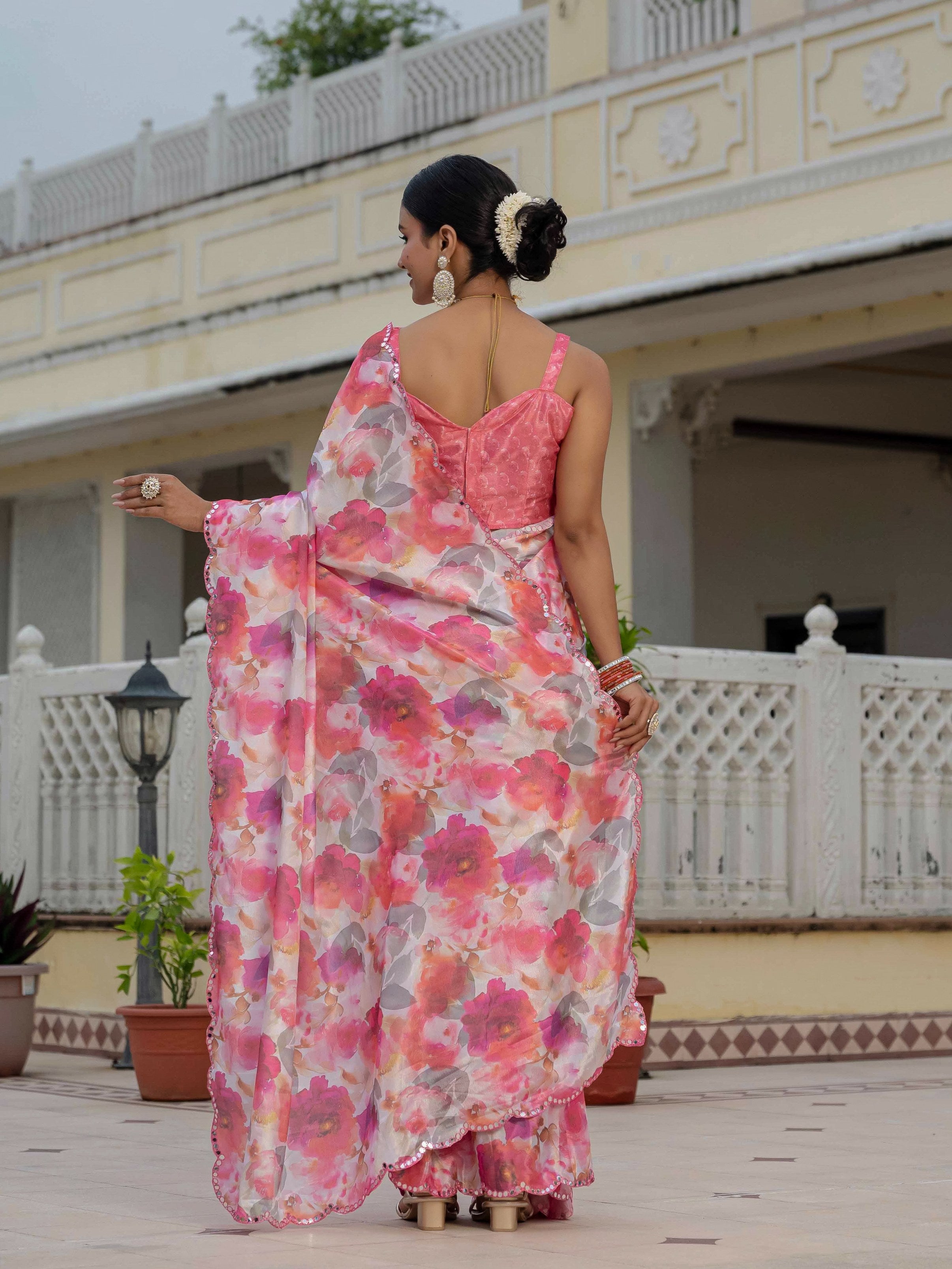 Jyoti Fashion Women's Pink Chinon Digital Print with Mirror Saree with Blouse - Distacart