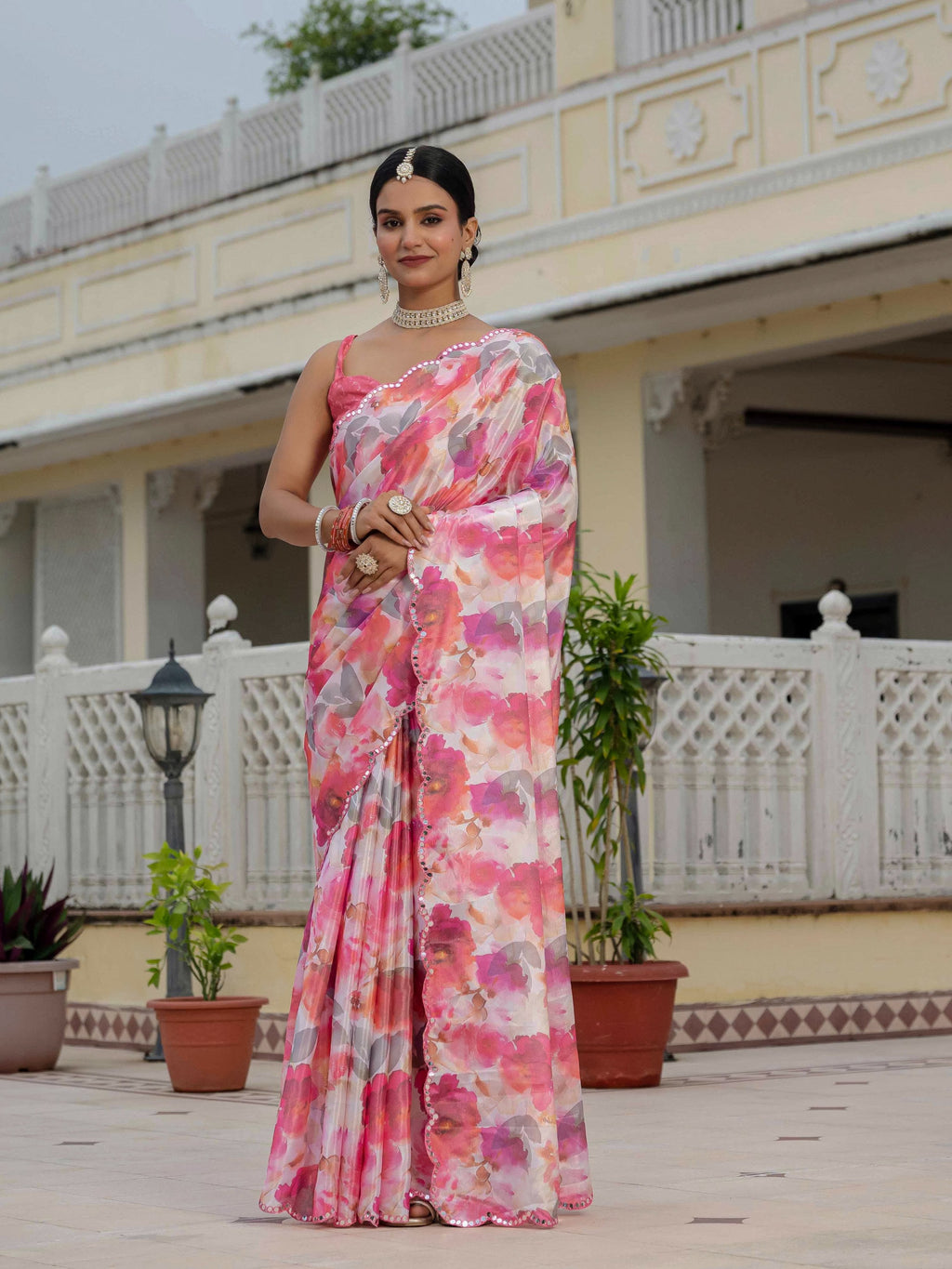 Jyoti Fashion Women's Pink Chinon Digital Print with Mirror Saree with Blouse - Distacart