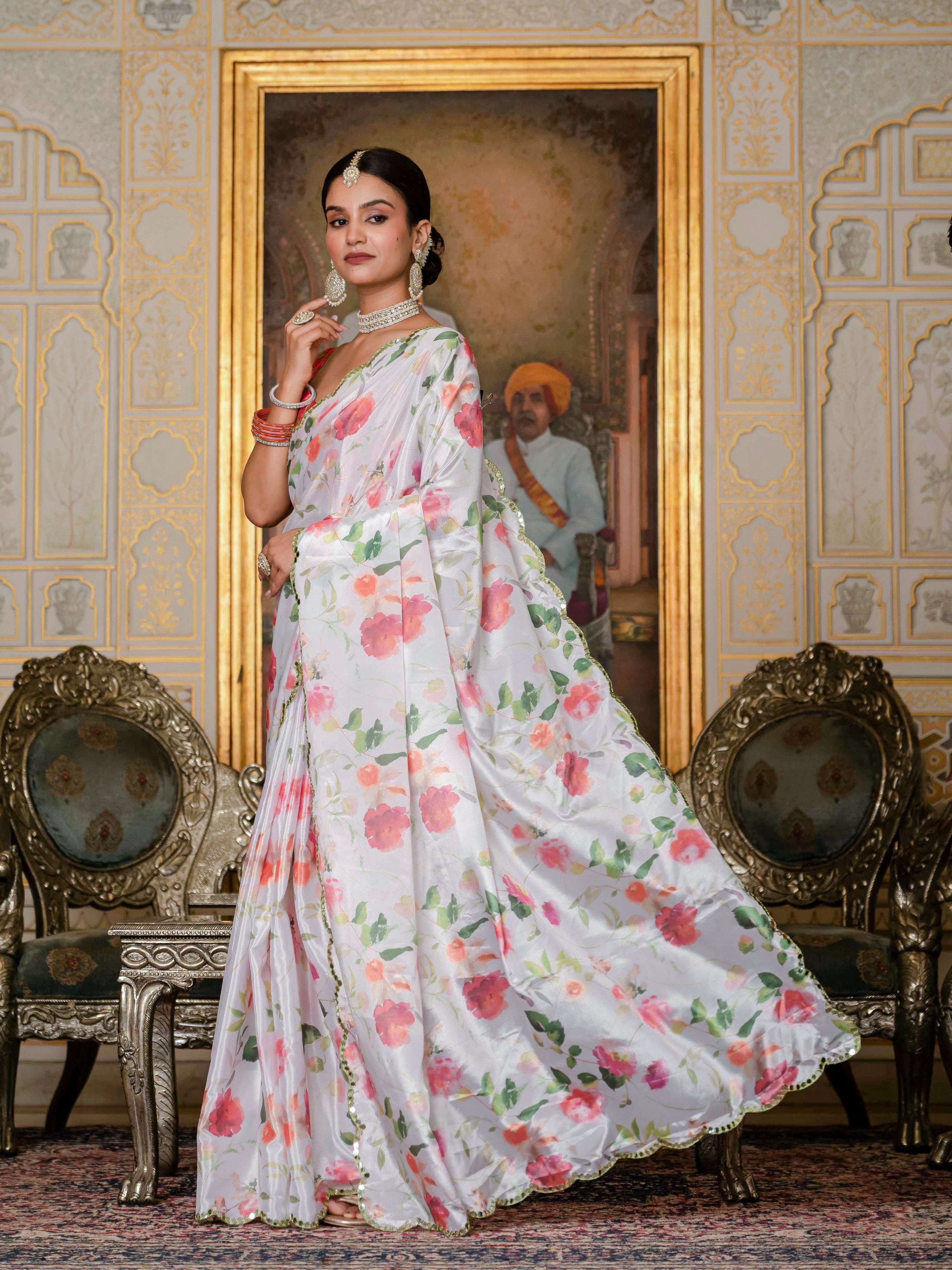 Jyoti Fashion Women's White Chinon Digital Print with Mirror Saree with Blouse - Distacart