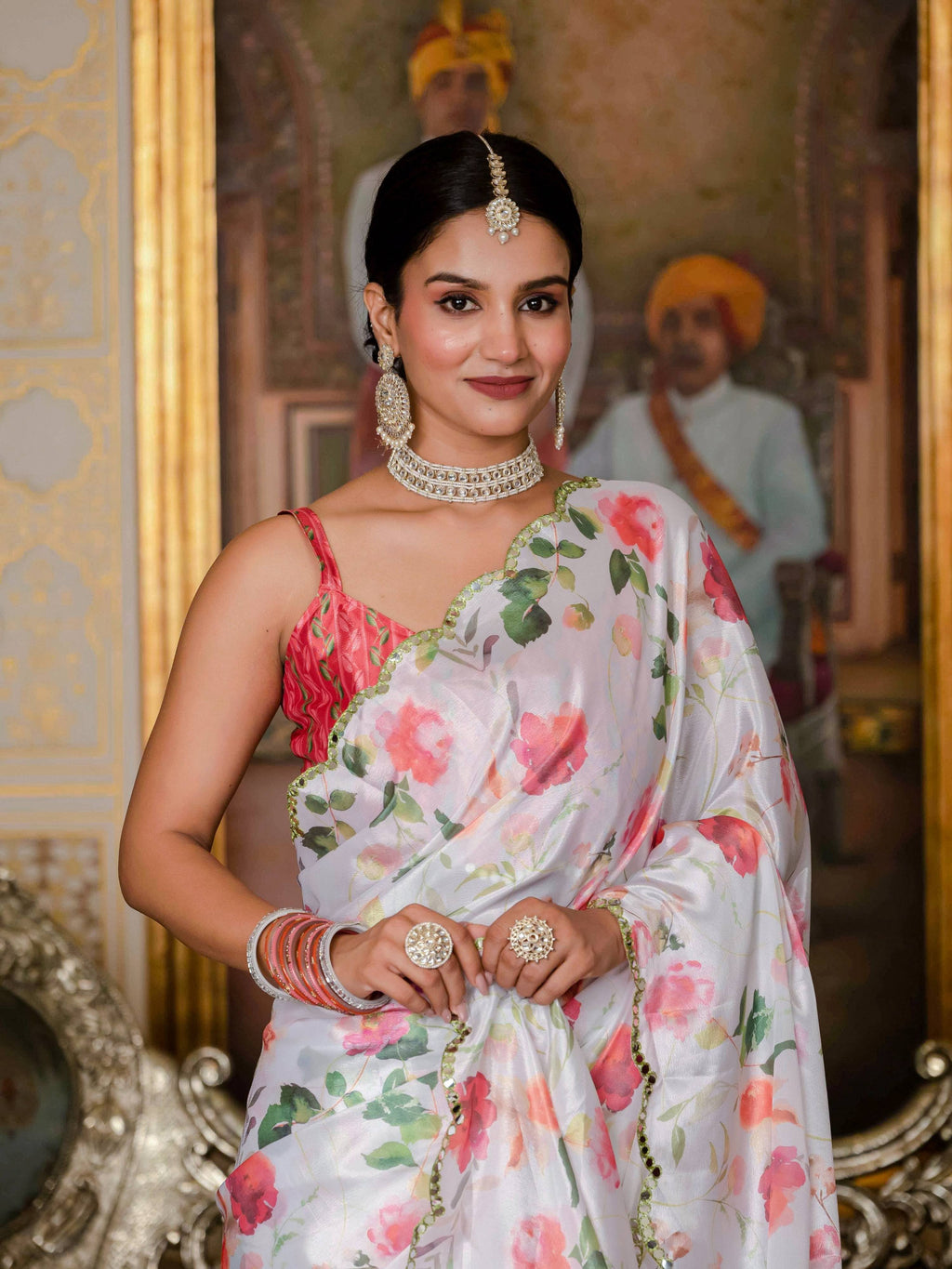 Jyoti Fashion Women's White Chinon Digital Print with Mirror Saree with Blouse - Distacart