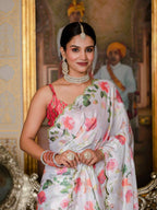Jyoti Fashion Women's White Chinon Digital Print with Mirror Saree with Blouse - Distacart