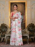 Jyoti Fashion Women's White Chinon Digital Print with Mirror Saree with Blouse - Distacart