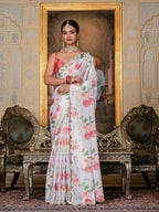 Jyoti Fashion Women's White Chinon Digital Print with Mirror Saree with Blouse - Distacart