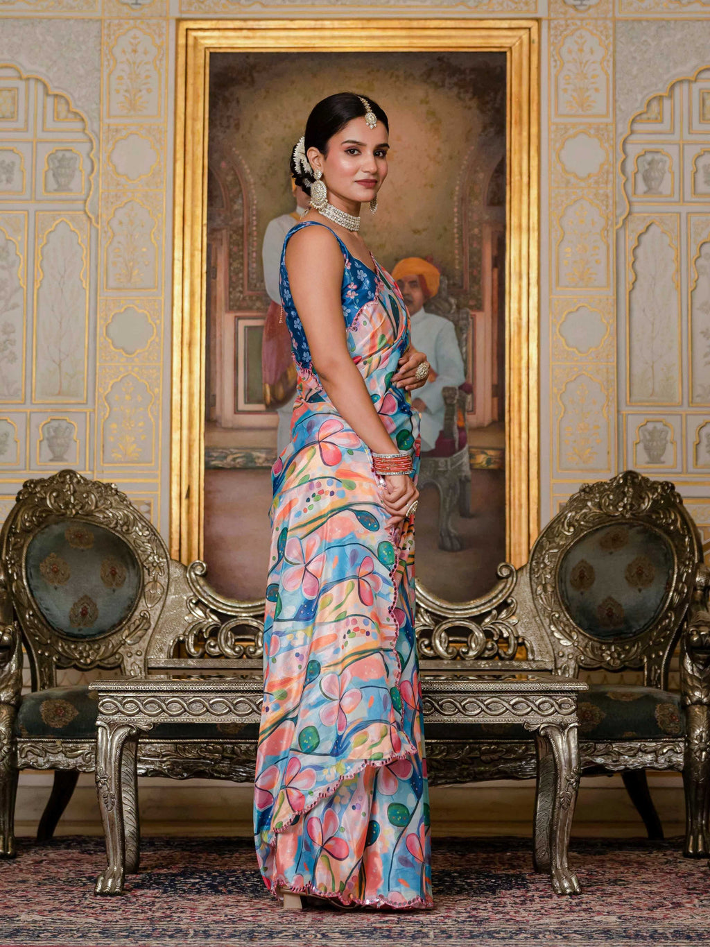 Jyoti Fashion Women's Multicolor Chinon Digital Print with Mirror Saree with Blouse - Distacart