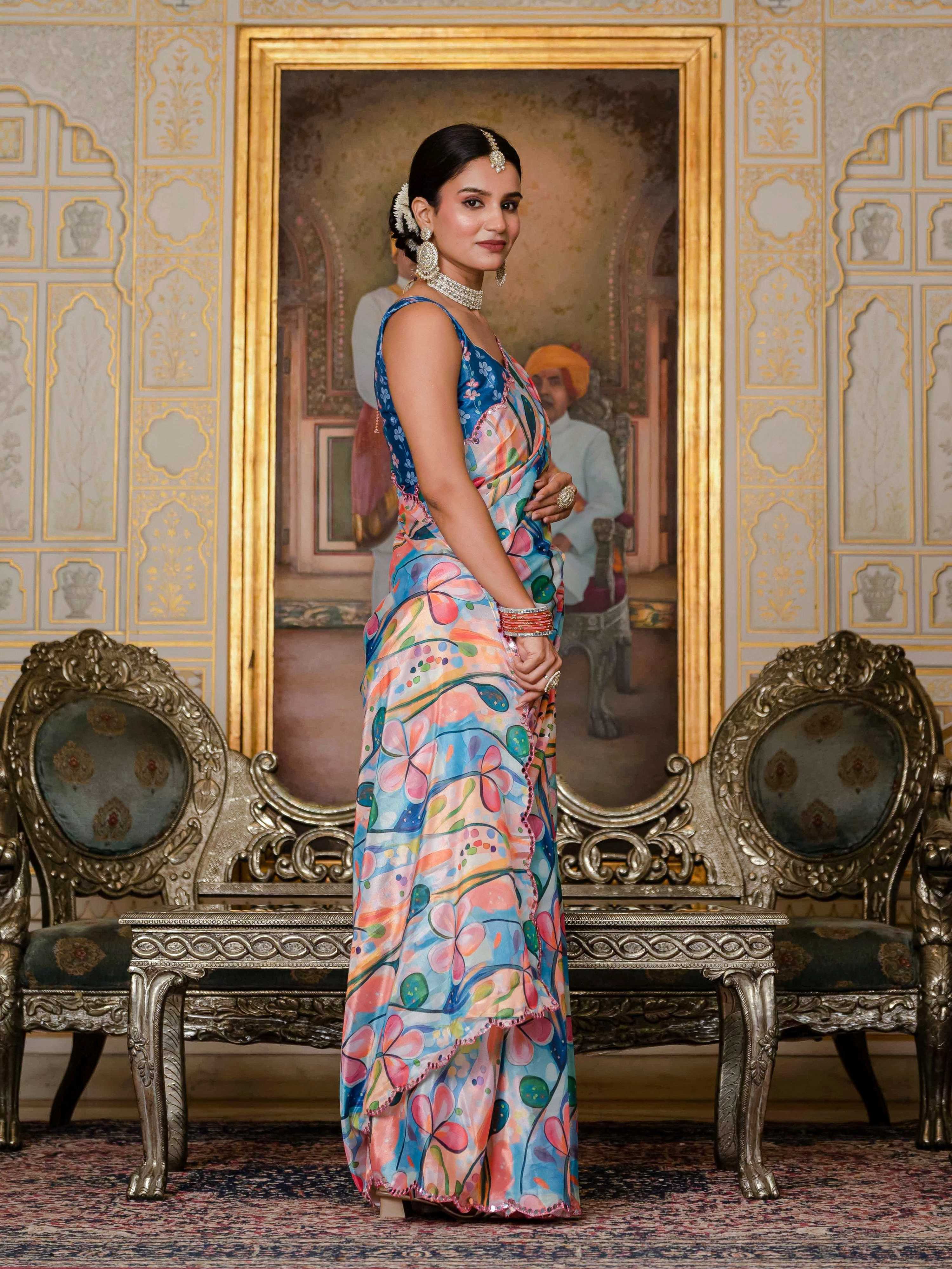 Jyoti Fashion Women's Multicolor Chinon Digital Print with Mirror Saree with Blouse - Distacart