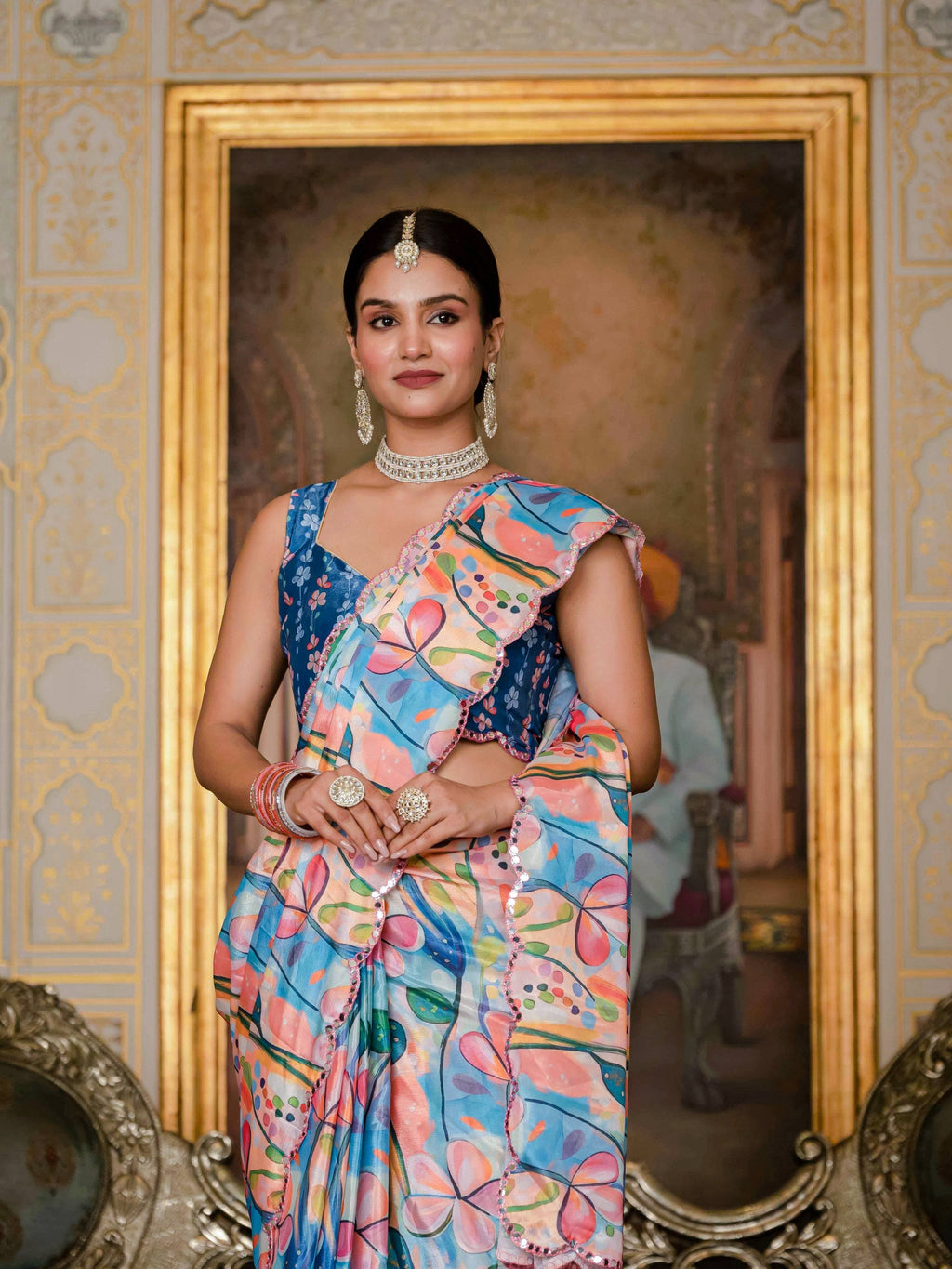Jyoti Fashion Women's Multicolor Chinon Digital Print with Mirror Saree with Blouse - Distacart