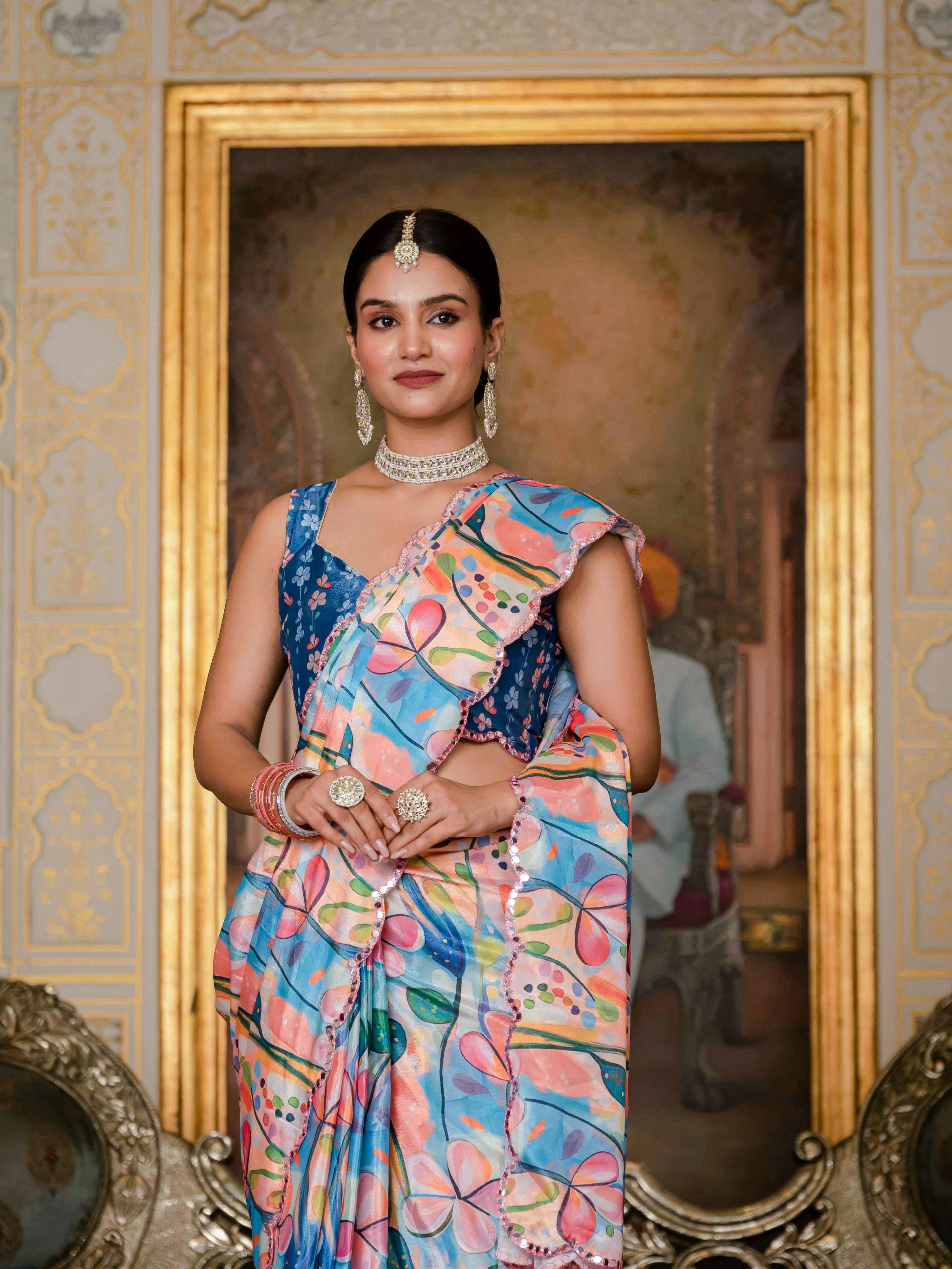 Jyoti Fashion Women's Multicolor Chinon Digital Print with Mirror Saree with Blouse - Distacart