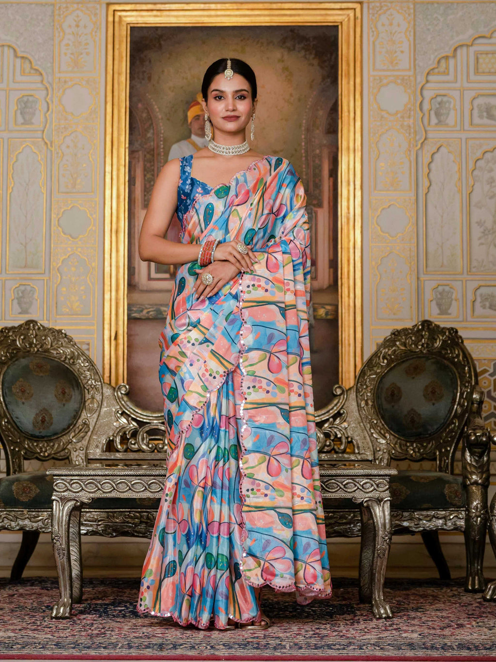 Jyoti Fashion Women's Multicolor Chinon Digital Print with Mirror Saree with Blouse - Distacart