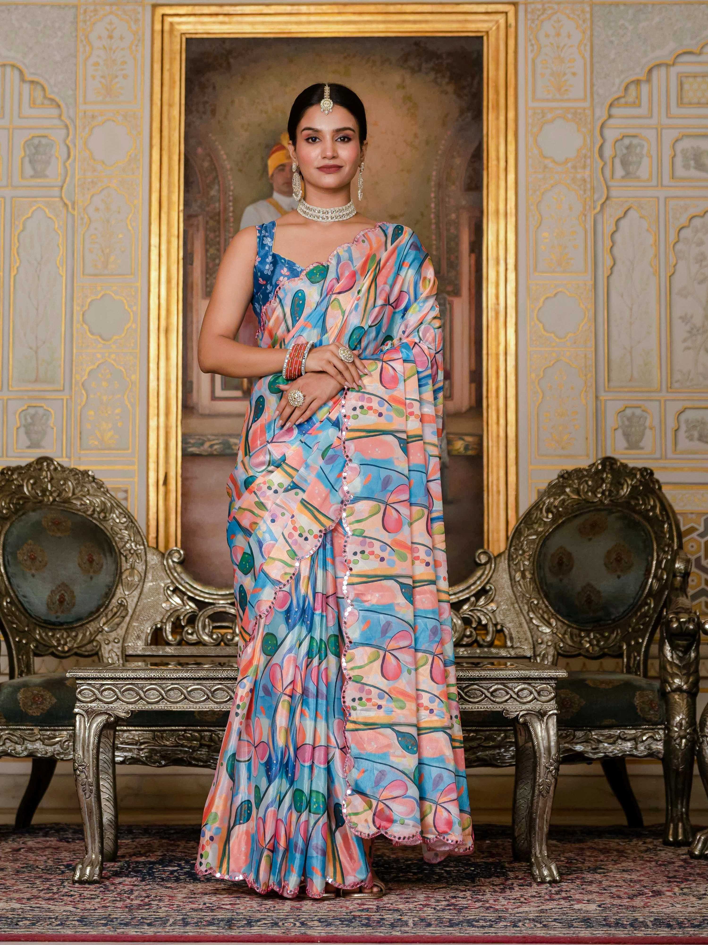 Jyoti Fashion Women's Multicolor Chinon Digital Print with Mirror Saree with Blouse - Distacart