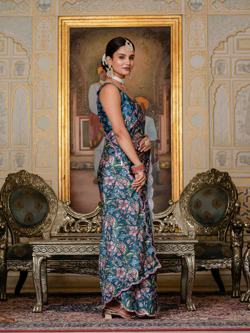 Jyoti Fashion Women's Morpich Chinon Digital Print with Mirror Saree with Blouse - Distacart