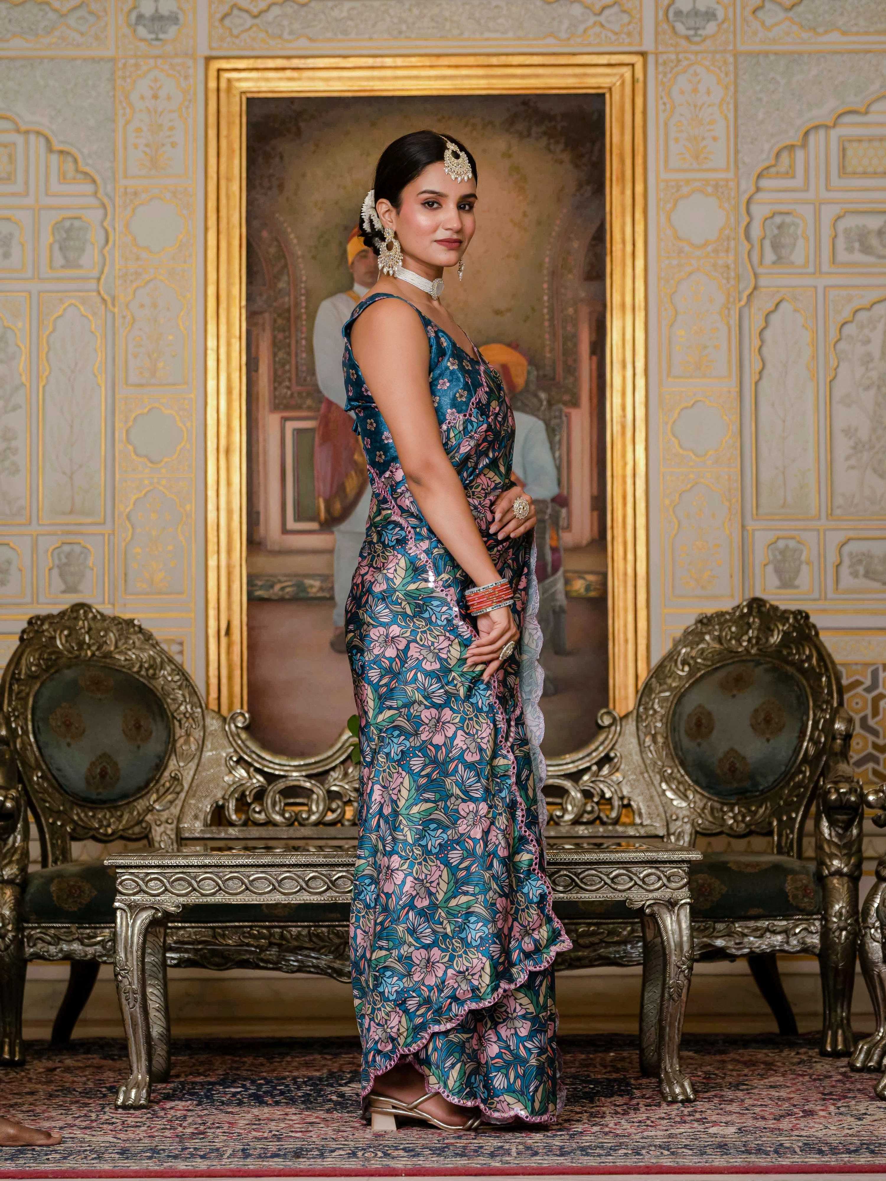 Jyoti Fashion Women's Morpich Chinon Digital Print with Mirror Saree with Blouse - Distacart