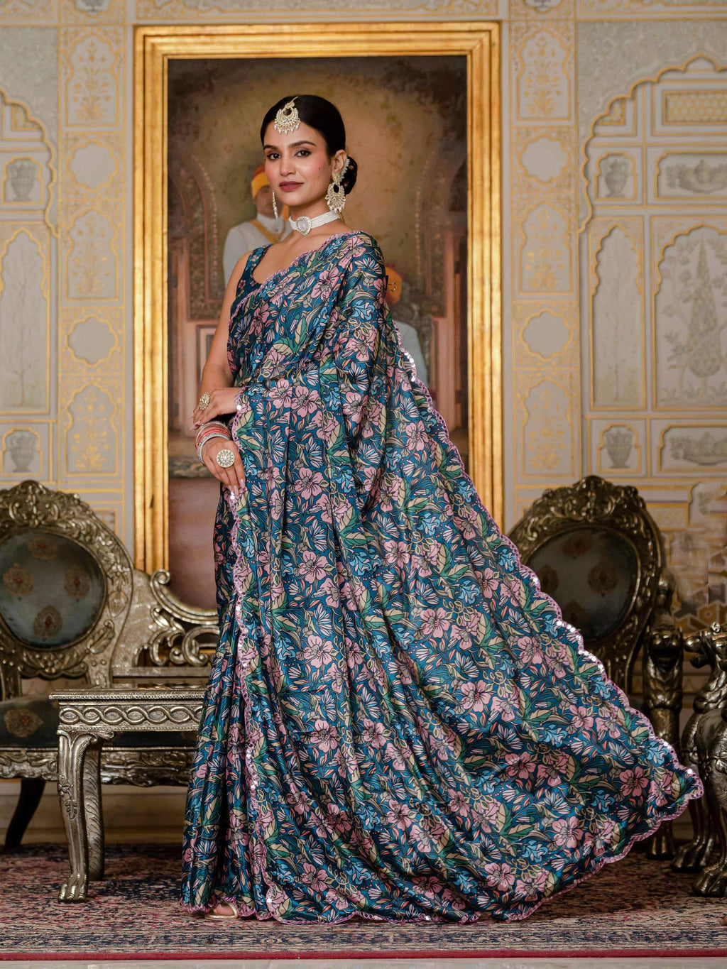 Jyoti Fashion Women's Morpich Chinon Digital Print with Mirror Saree with Blouse - Distacart