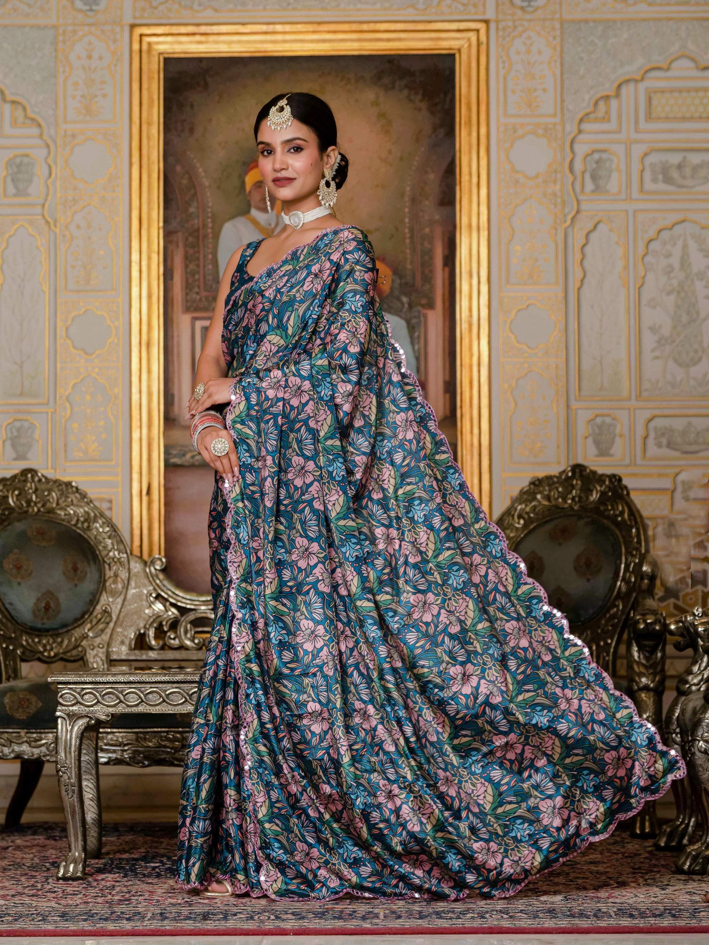 Jyoti Fashion Women's Morpich Chinon Digital Print with Mirror Saree with Blouse - Distacart
