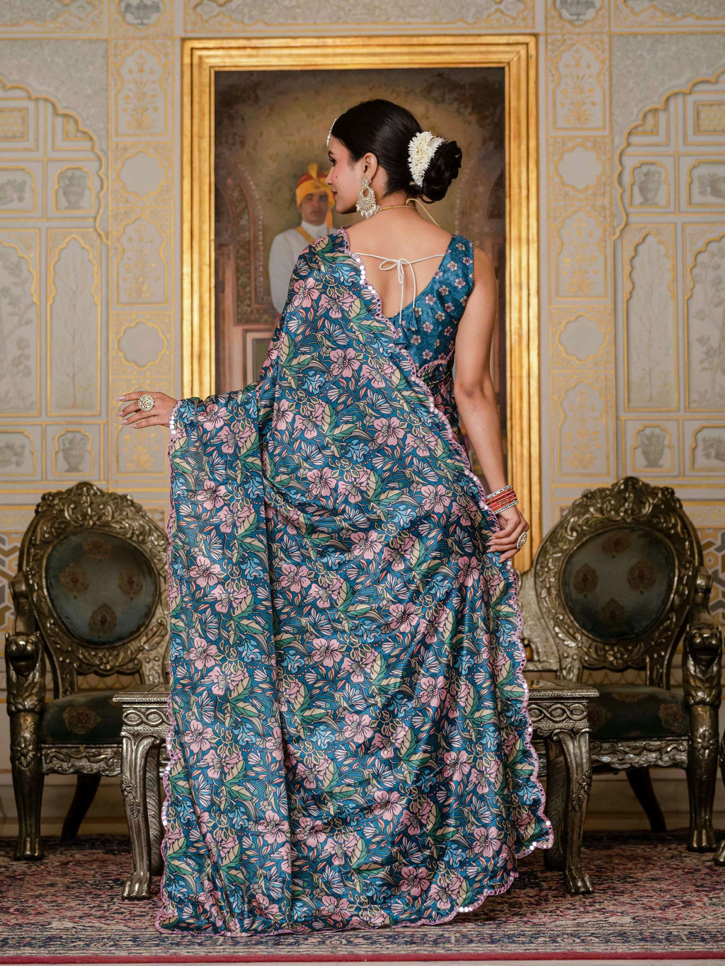 Jyoti Fashion Women's Morpich Chinon Digital Print with Mirror Saree with Blouse - Distacart