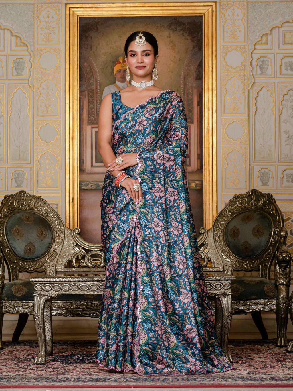 Jyoti Fashion Women's Morpich Chinon Digital Print with Mirror Saree with Blouse - Distacart