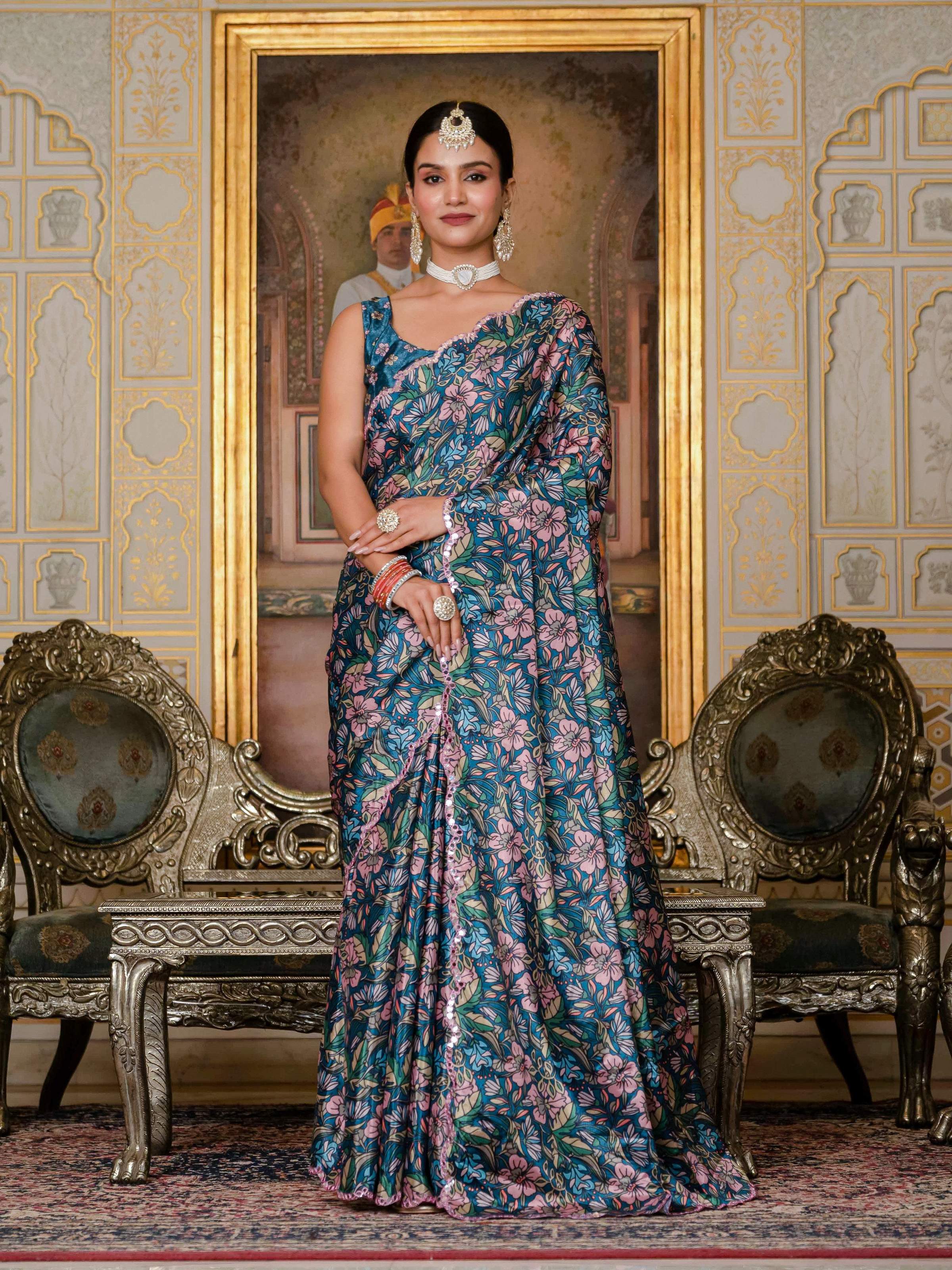 Jyoti Fashion Women's Morpich Chinon Digital Print with Mirror Saree with Blouse - Distacart