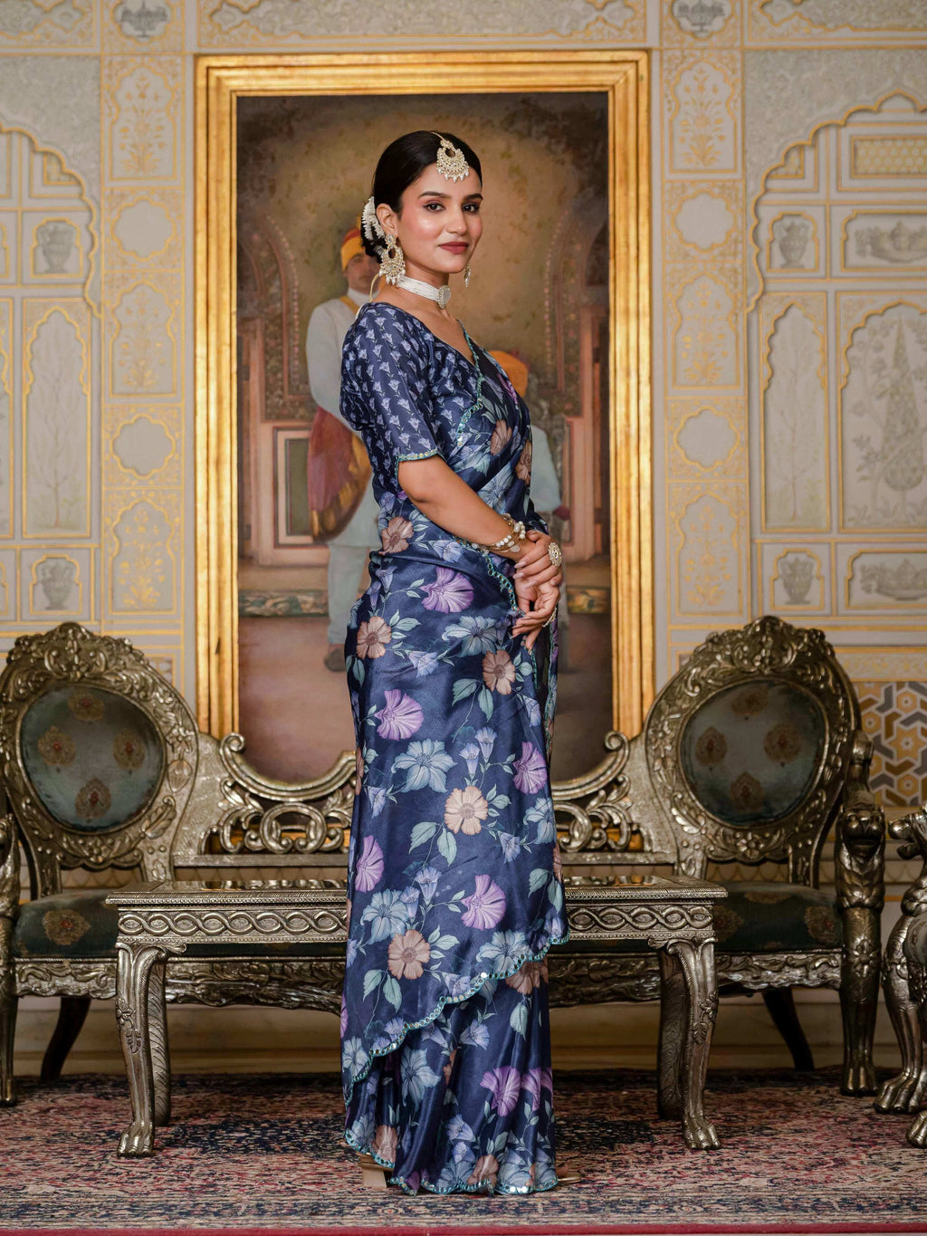 Jyoti Fashion Women's Navy Blue Chinon Digital Print with Mirror Saree with Blouse - Distacart