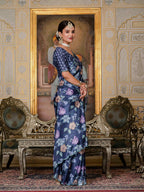 Jyoti Fashion Women's Navy Blue Chinon Digital Print with Mirror Saree with Blouse - Distacart
