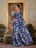 Jyoti Fashion Women's Navy Blue Chinon Digital Print with Mirror Saree with Blouse - Distacart