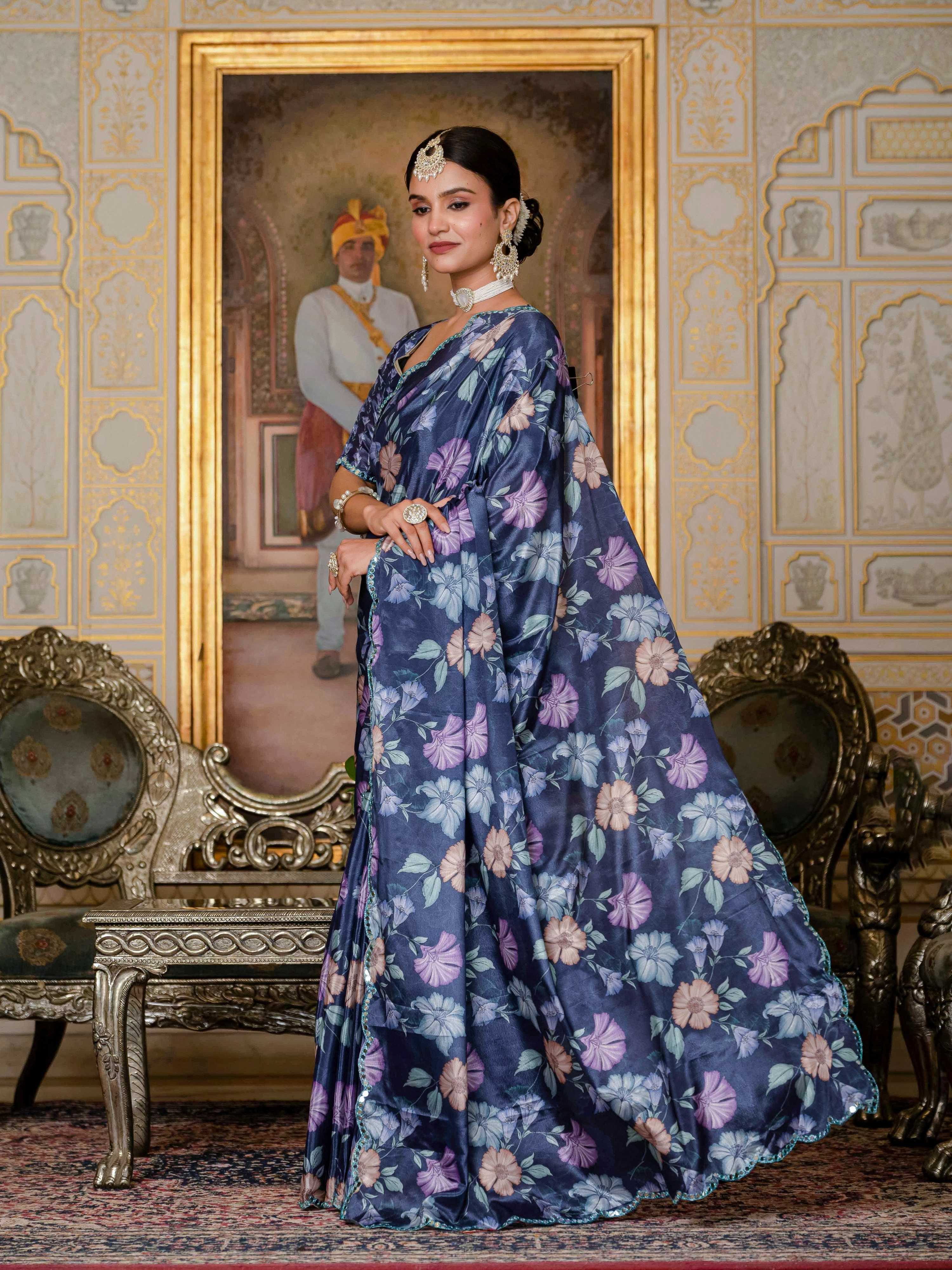 Jyoti Fashion Women's Navy Blue Chinon Digital Print with Mirror Saree with Blouse - Distacart