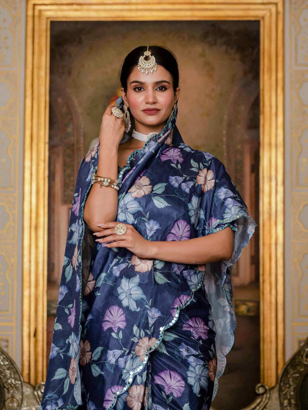 Jyoti Fashion Women's Navy Blue Chinon Digital Print with Mirror Saree with Blouse - Distacart