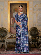 Jyoti Fashion Women's Navy Blue Chinon Digital Print with Mirror Saree with Blouse - Distacart
