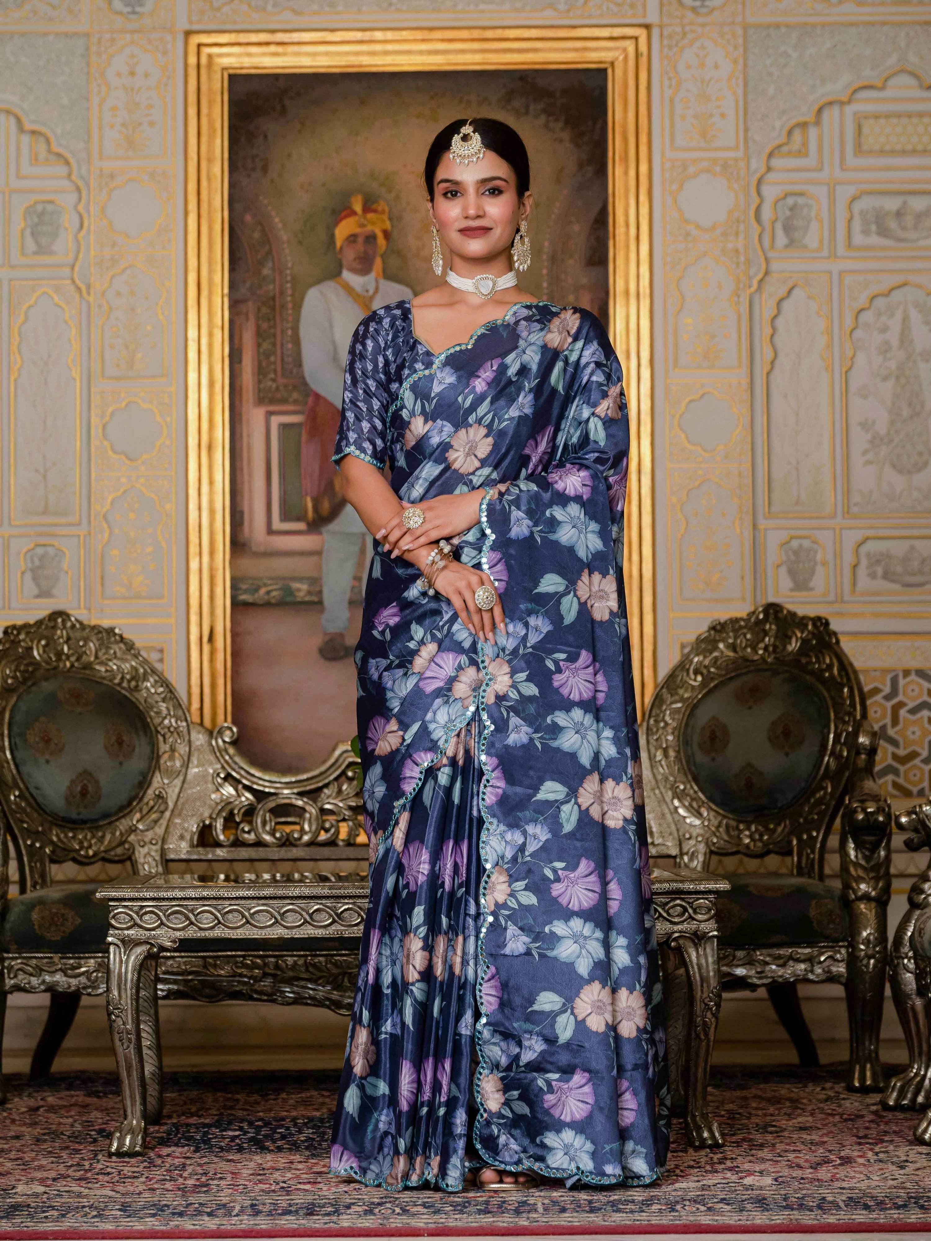 Jyoti Fashion Women's Navy Blue Chinon Digital Print with Mirror Saree with Blouse - Distacart