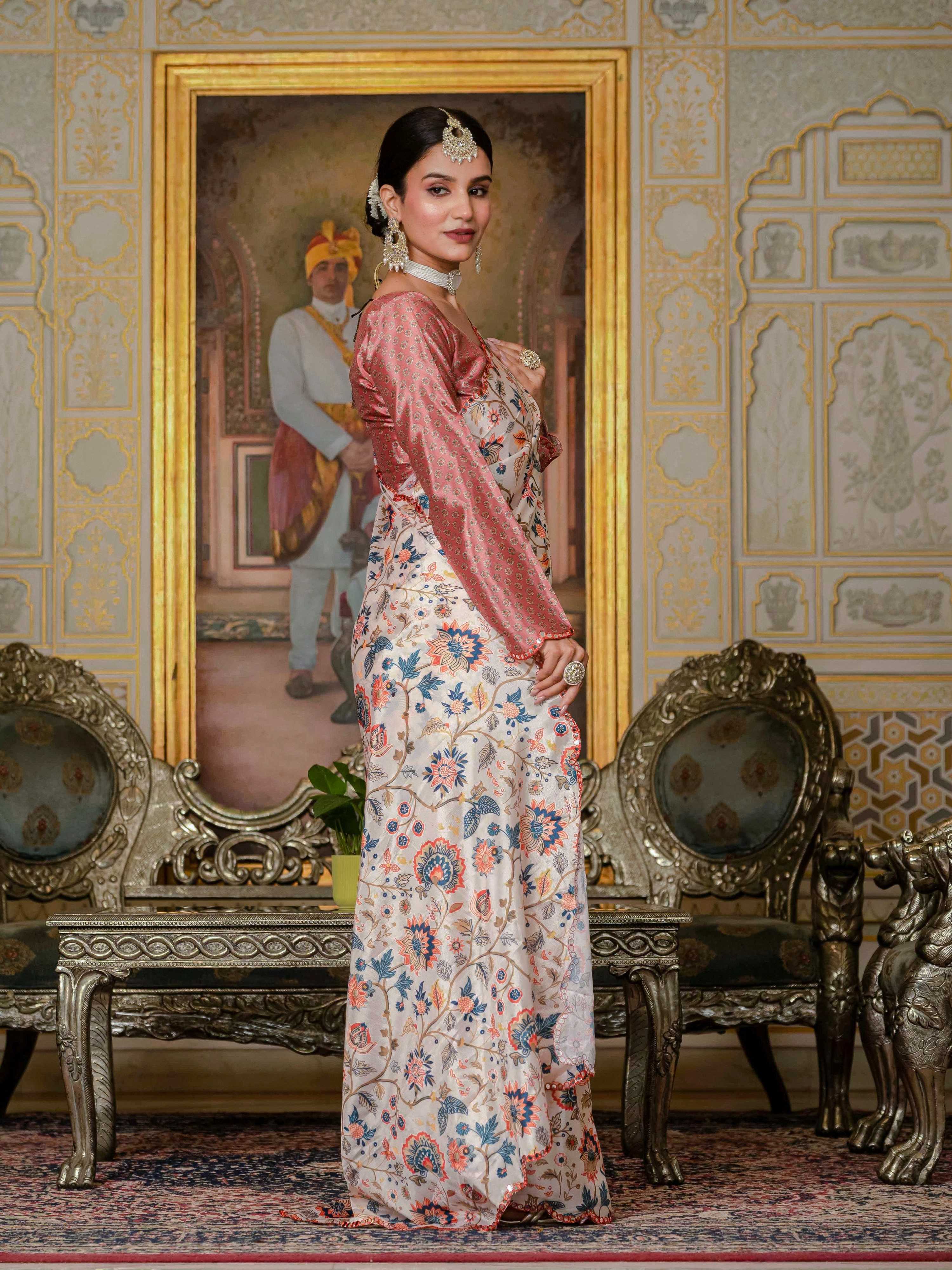 Jyoti Fashion Women's Multicolor Chinon Digital Print with Mirror Saree with Blouse - Distacart