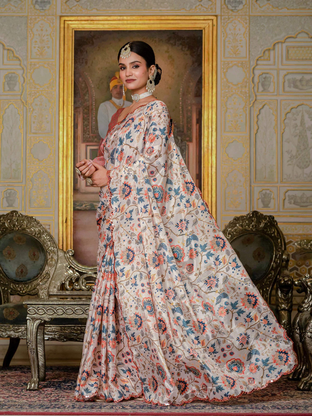 Jyoti Fashion Women's Multicolor Chinon Digital Print with Mirror Saree with Blouse - Distacart