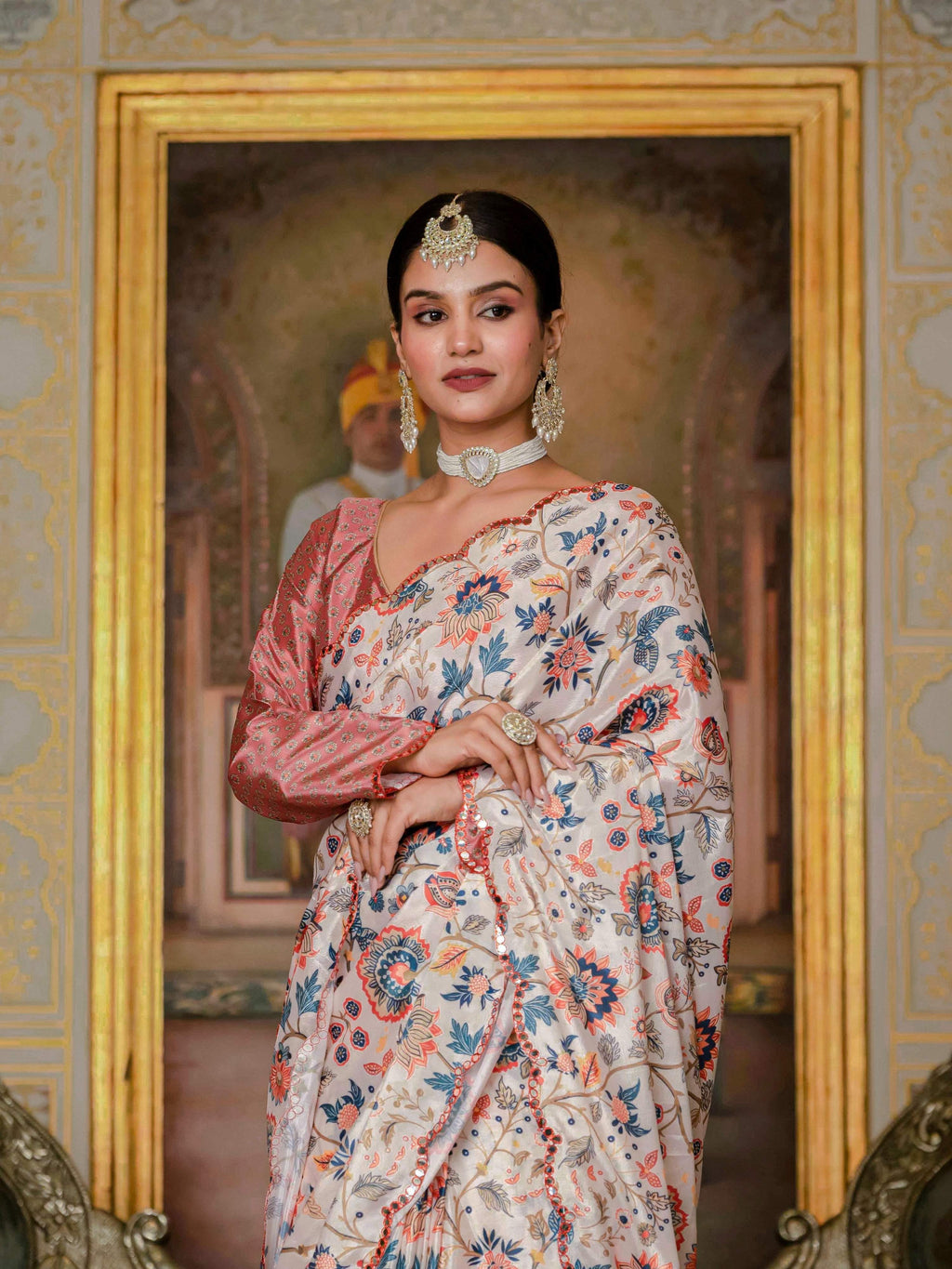 Jyoti Fashion Women's Multicolor Chinon Digital Print with Mirror Saree with Blouse - Distacart